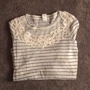 Striped sweater with sheer lace neckline